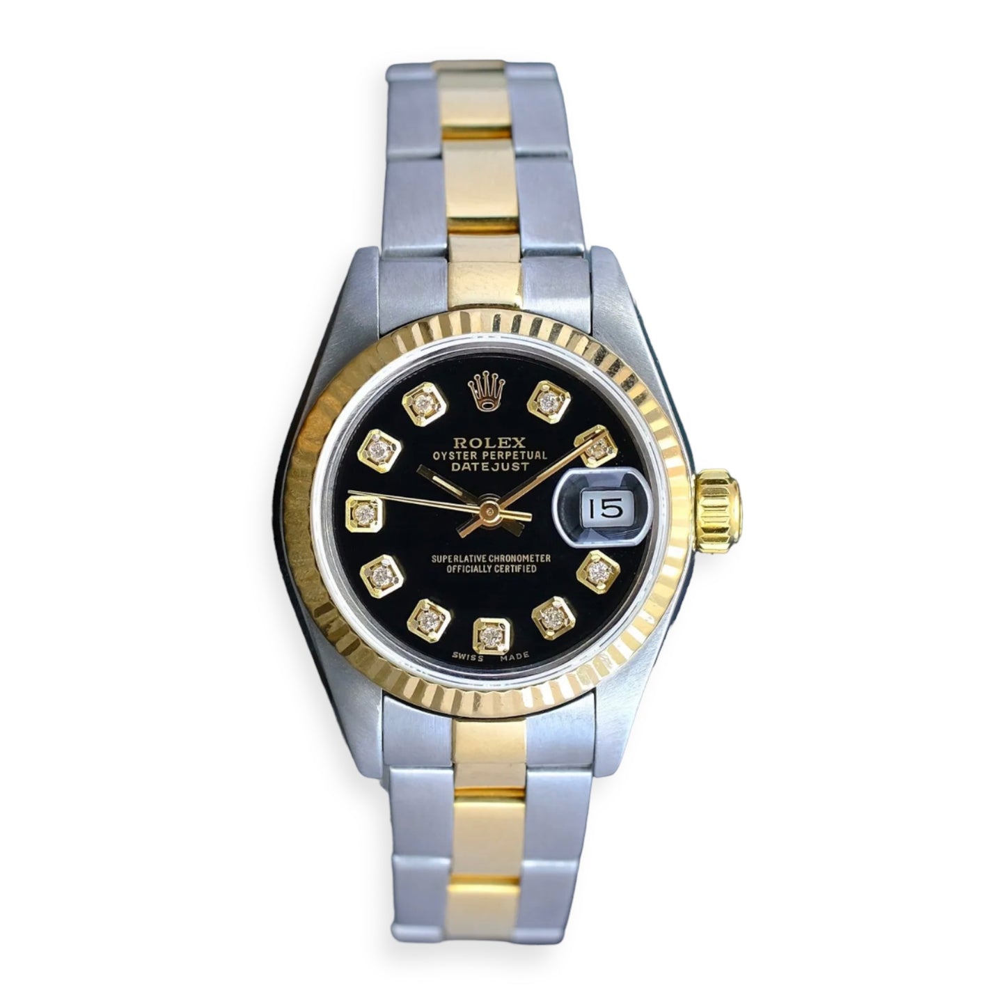 ROLEX DATEJUST GOLD & STEEL BLACK DIAMOND DIAL FLUTED OYSTER Dial 36MM Watch