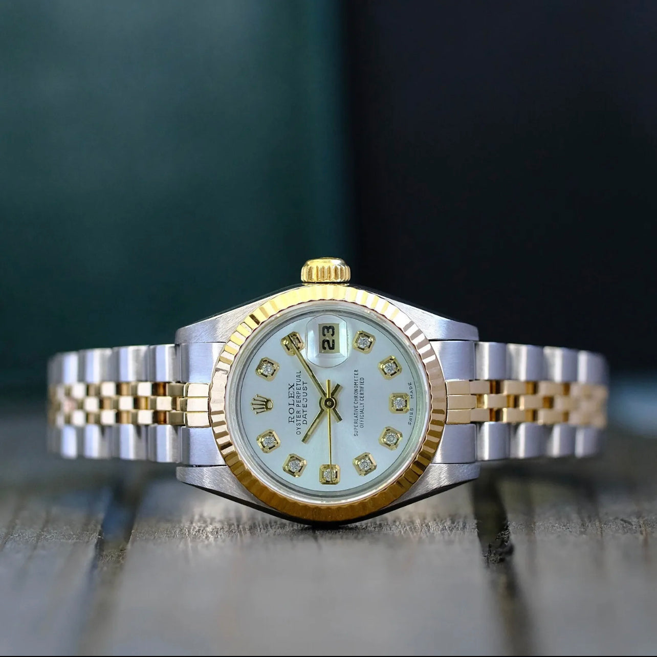 ROLEX DATEJUST  18KY GOLD & STEEL SILVER DIAMOND DIAL FLUTED 36MM WATCH