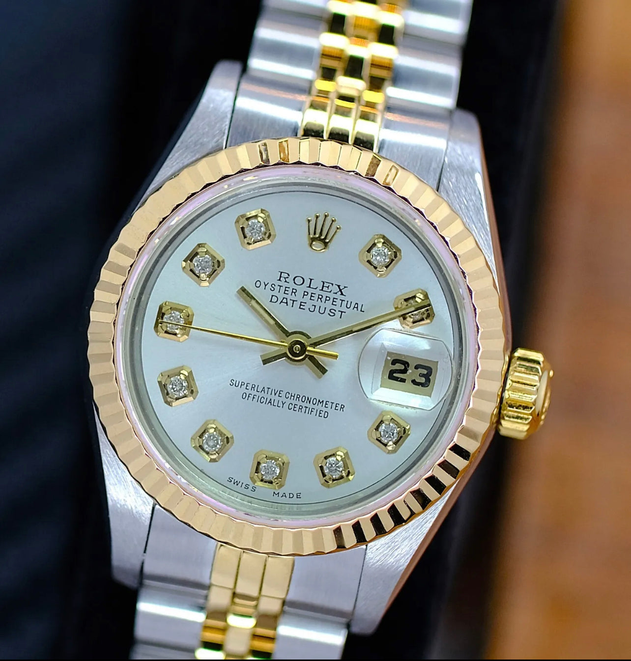 ROLEX DATEJUST  18KY GOLD & STEEL SILVER DIAMOND DIAL FLUTED 36MM WATCH