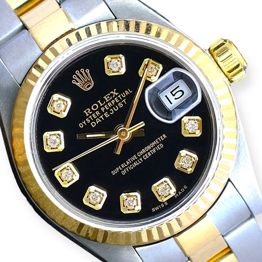 ROLEX DATEJUST GOLD & STEEL BLACK DIAMOND DIAL FLUTED OYSTER Dial 36MM Watch